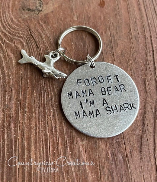 Hand-stamped Mama Shark keychain.