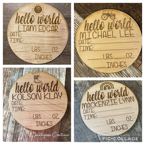 Birth Announcements. Engraved name- Round Birth Stats- Natural finish.